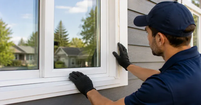technician comparing full-frame and retrofit window replacement options in Stratford