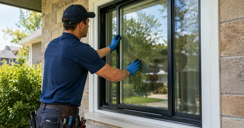 technician measuring a broken window pane for replacement in Verona Village, Stratford