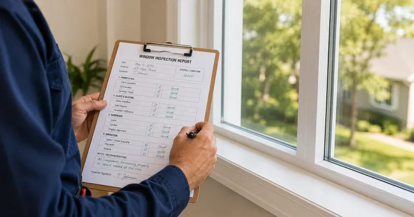 technician inspecting window seal and frame in Poet & Perth, Stratford