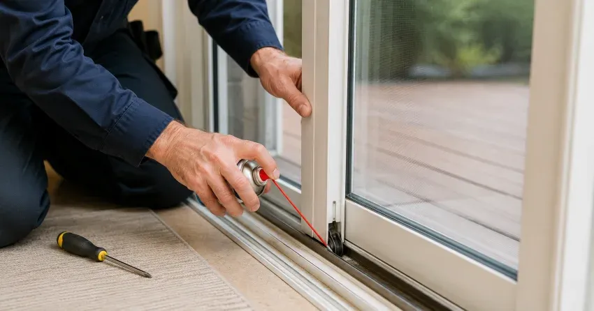 technician inspecting door hinge hardware and alignment in Stratford