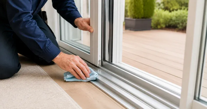 technician inspecting a sliding patio door track in John Street South Area, Stratford
