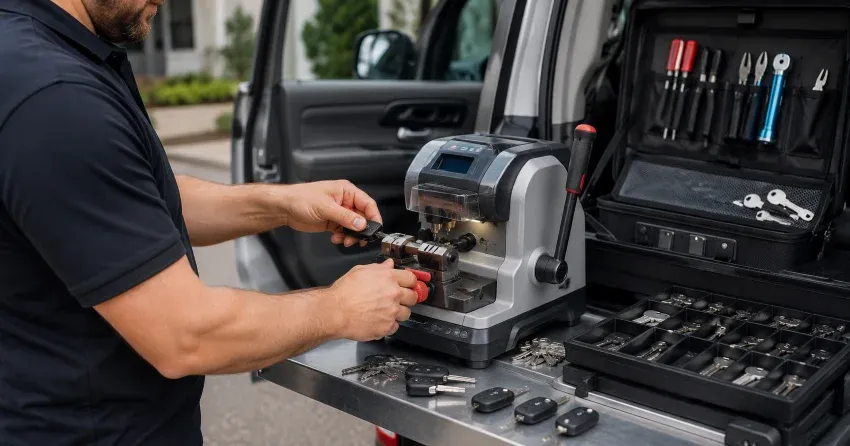 technician cutting a replacement car door lock key in Devon Street Area, Stratford