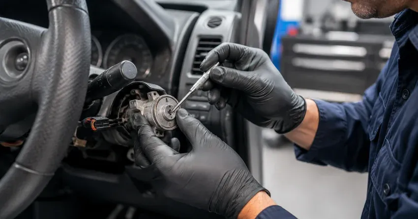 technician diagnosing an ignition lock repair issue in Romeo Street North Area, Stratford
