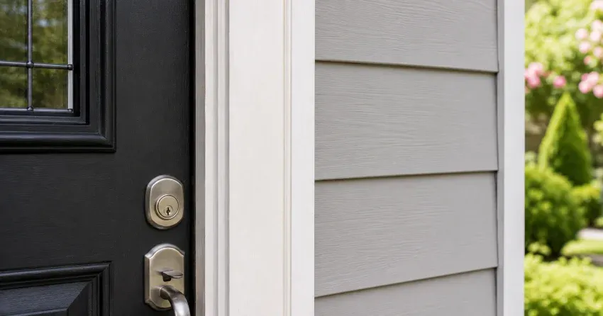 technician inspecting door jamb behind cracked casing in Verona Village, Stratford home