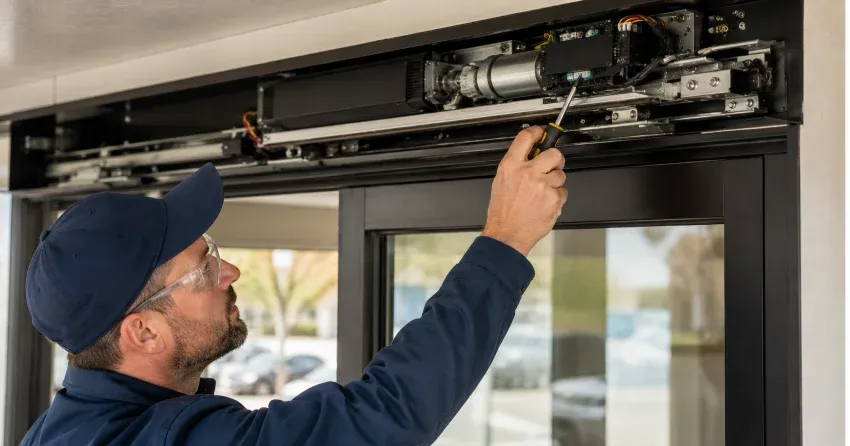 technician completing automatic door repair on residential property in John Street Area, Stratford