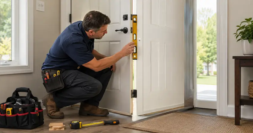 technician diagnosing a misaligned door frame in Romeo Street North Area, Stratford