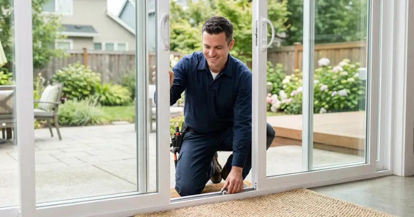 technician diagnosing a sticking patio door in Downtown Stratford, Stratford