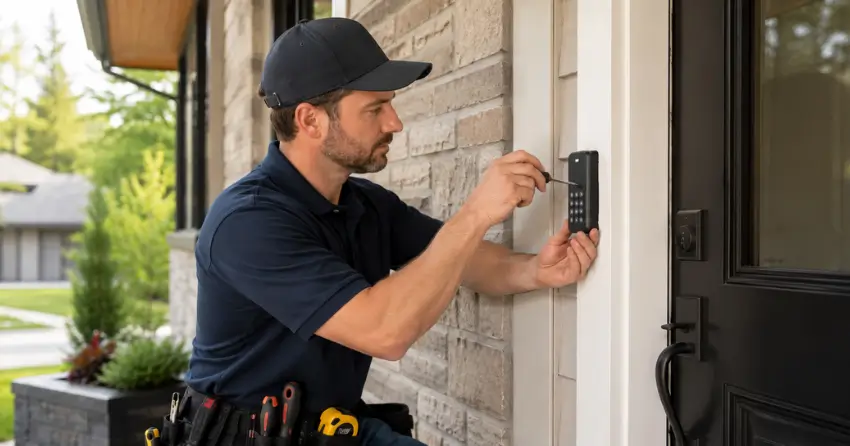 Technician installing an access control system keypad beside a residential front door in Stratford
