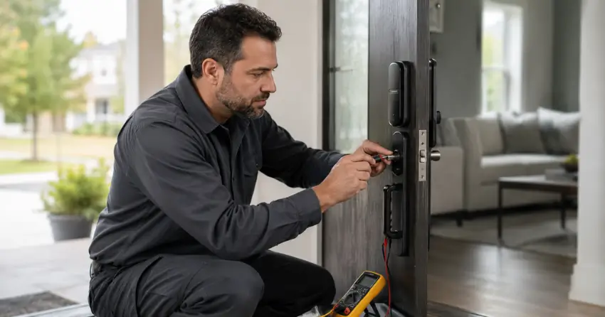 technician diagnosing automatic door lock mechanism on residential door in Poet & Perth, Stratford