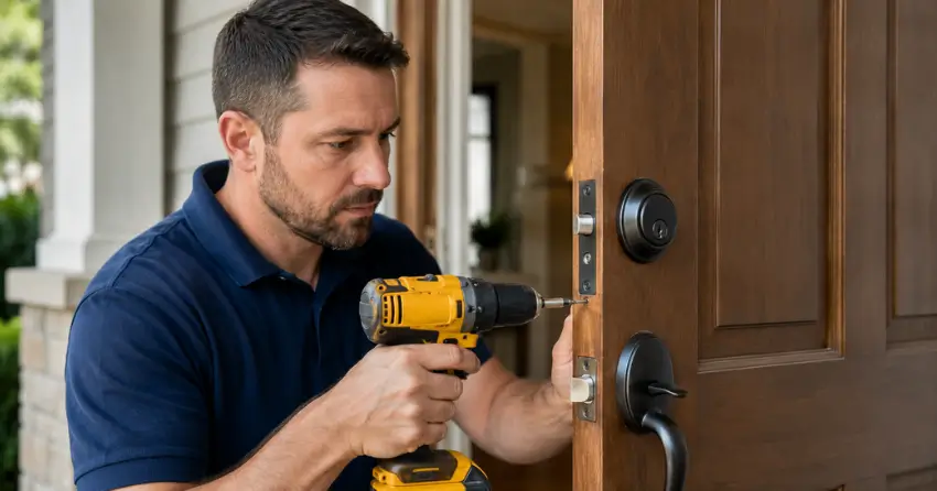 technician installing a new deadbolt during Change Door Lock Stratford service