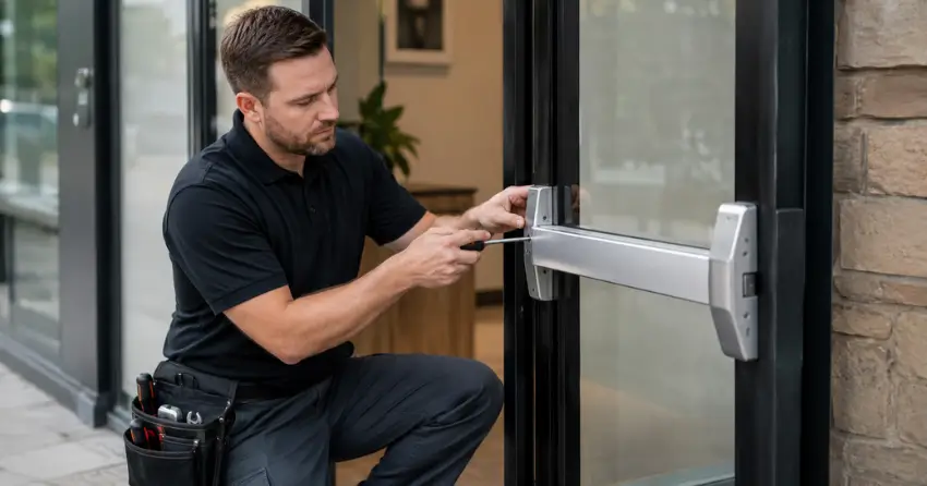 commercial locksmith repairing exit device on storefront door North Pointe Estates, Stratford