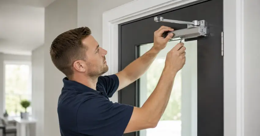 technician adjusting door closer hydraulic valve in Poet & Perth, Stratford home