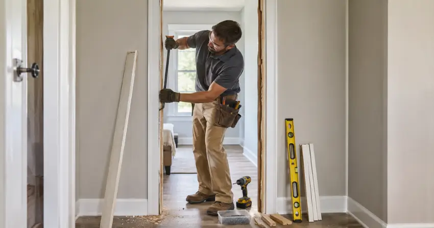 technician removing an old interior door frame during installation Stratford