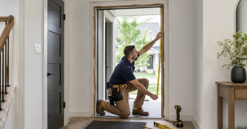 technician measuring a door frame before new door installation in Forest Road, Stratford