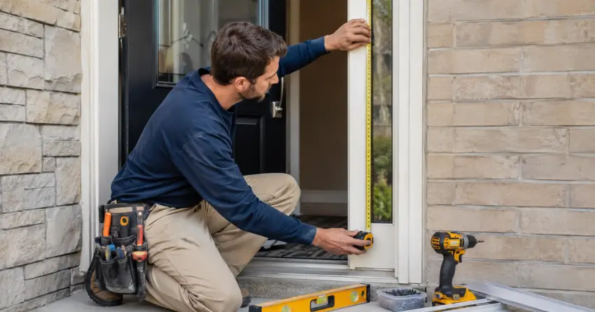 technician measuring door frame before storm door install in Devon Street Area, Stratford