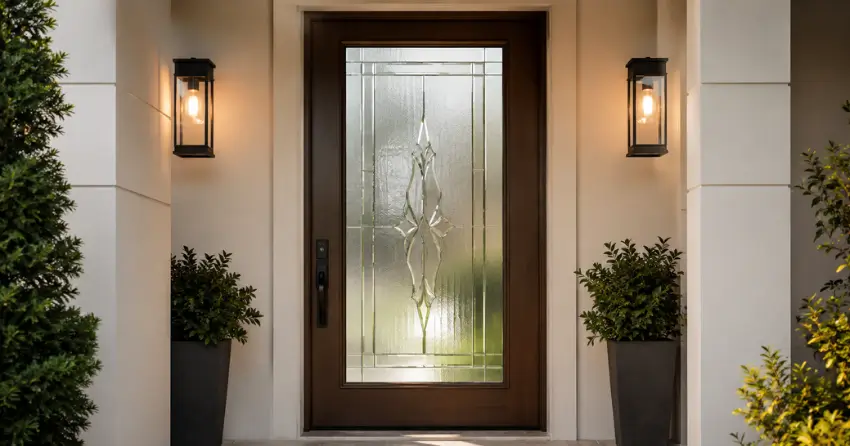 decorative frosted glass panel installed in a front door in Poet & Perth, Stratford