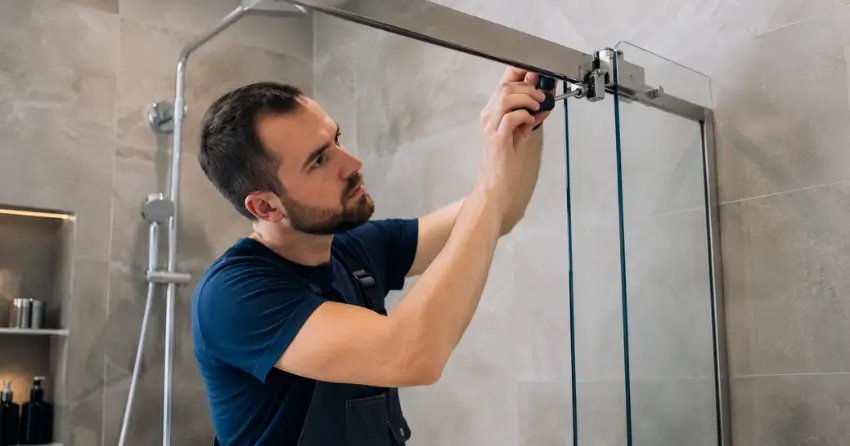technician adjusting shower door hinge and track in Dufferin Park Area, Stratford