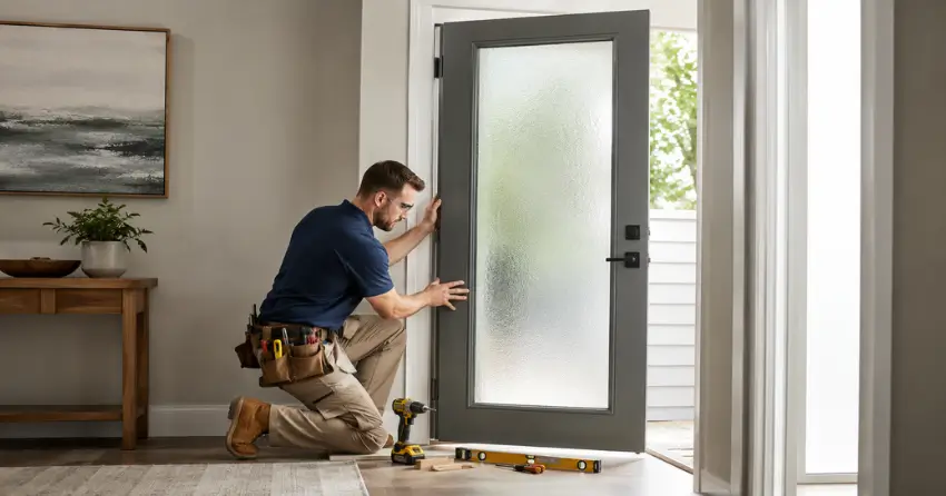 glass panel door installation with frosted privacy glass in residential setting in Romeo Street North Area, Stratford