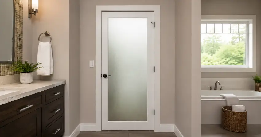 frosted glass panel bathroom door installed in a North Pointe Estates, Stratford home