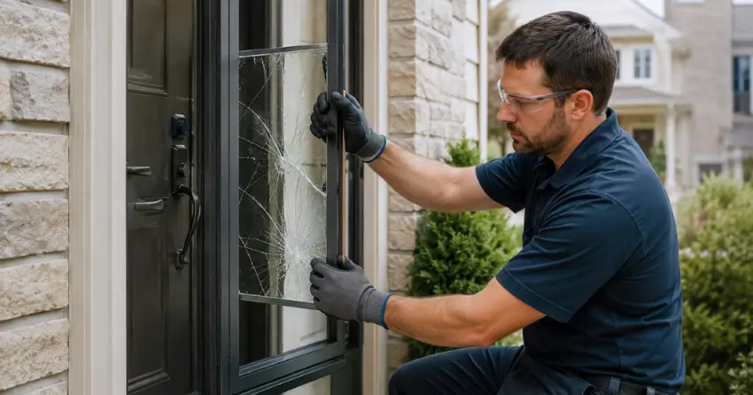 technician removing cracked storm door glass panel in McCarthy Road Area, Stratford
