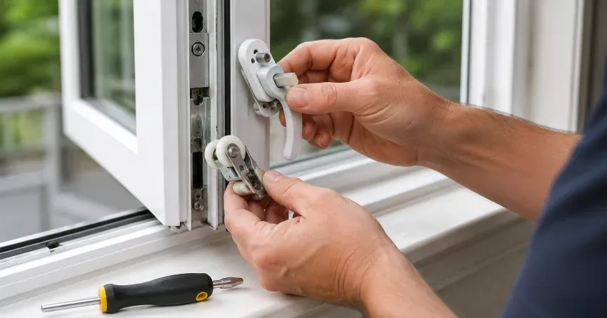 technician performing broken window repair Downtown Stratford, Stratford on a sliding window