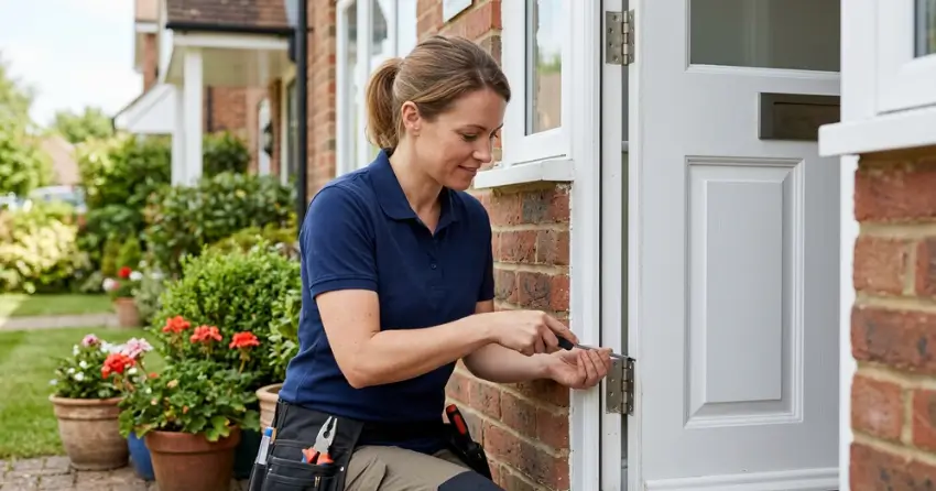 technician repairing exterior door hinge and frame in Stratford