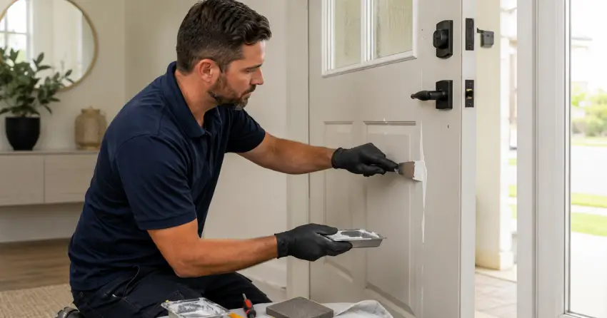 technician repairing fiberglass door surface crack in Verona Village, Stratford