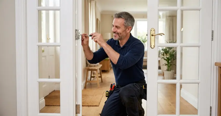 technician adjusting French door hinge for proper alignment in John Street Area, Stratford