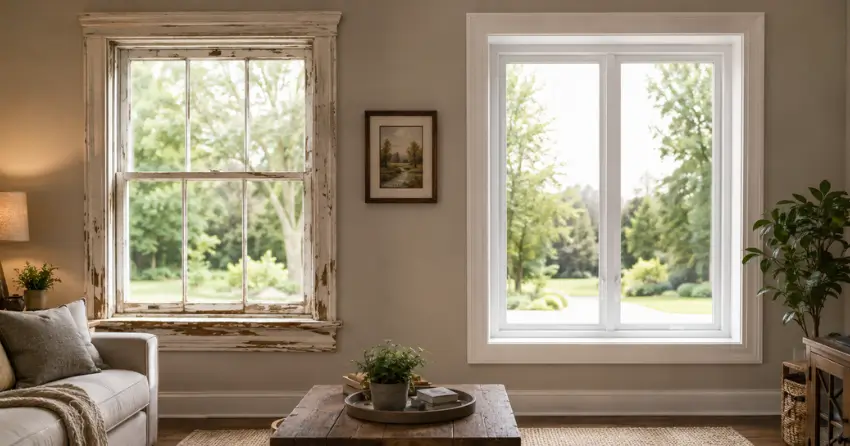 side by side comparison of old and new window in Stratford