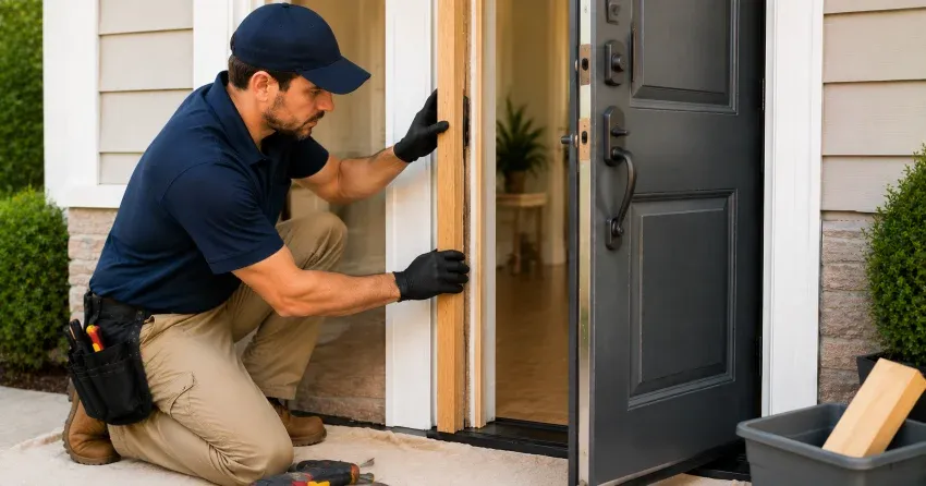 technician inspecting damaged door frame corner in Cobourg Street Area, Stratford