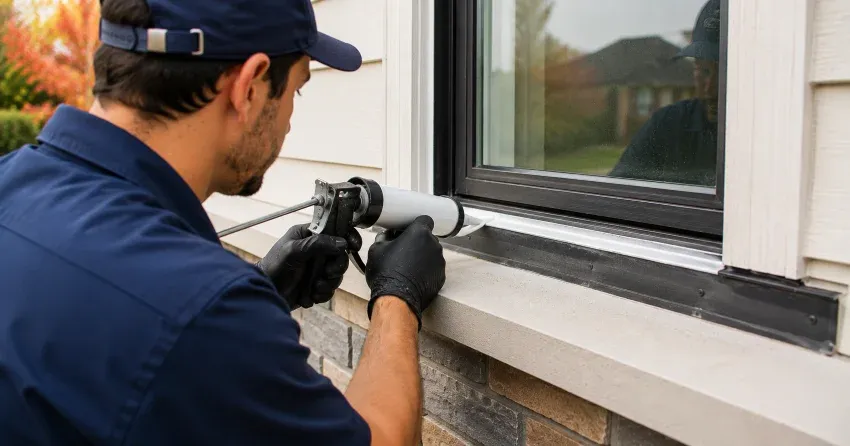 technician inspecting window flashing for leak source in Devon Street Area, Stratford