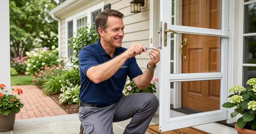 technician adjusting storm door hinge and closer in Dufferin Park Area, Stratford