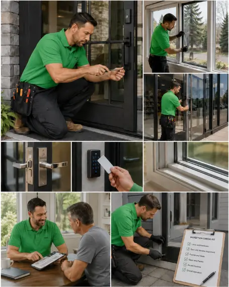 A technician measuring a door frame during an on-site assessment